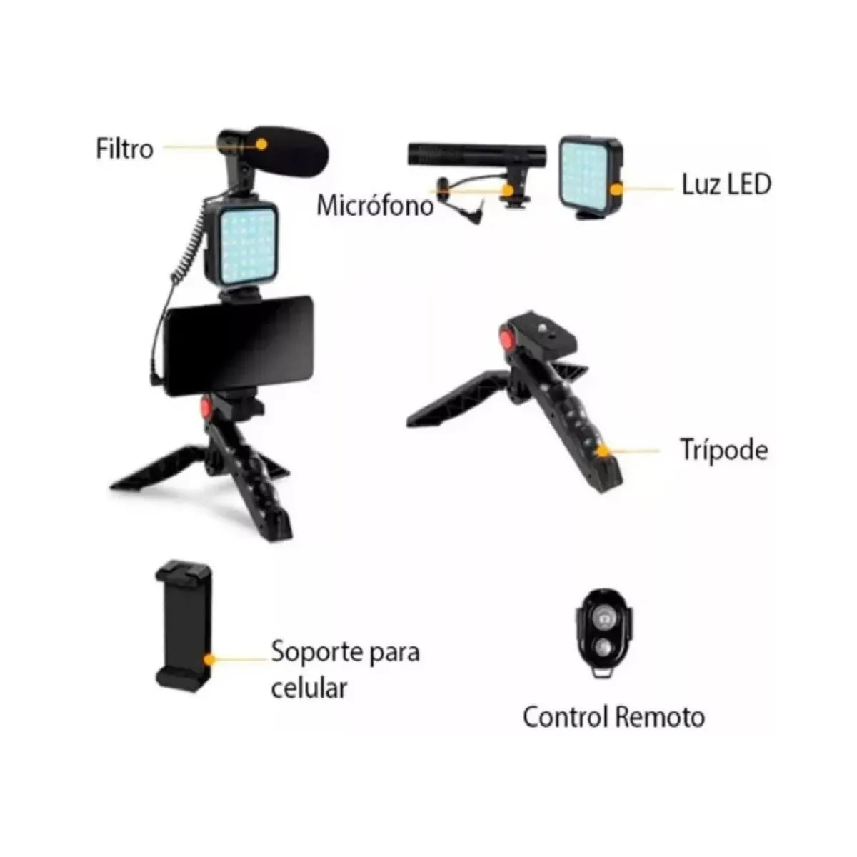 Kit de Grabación de Video con Trípode, Luz LED y Bluetooth AY-49