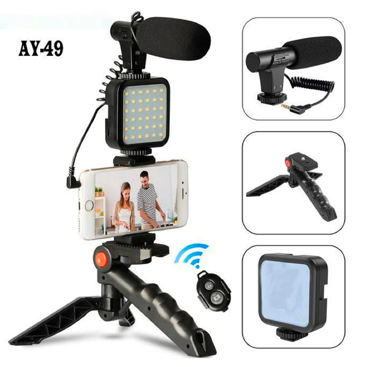 Kit de Grabación de Video con Trípode, Luz LED y Bluetooth AY-49