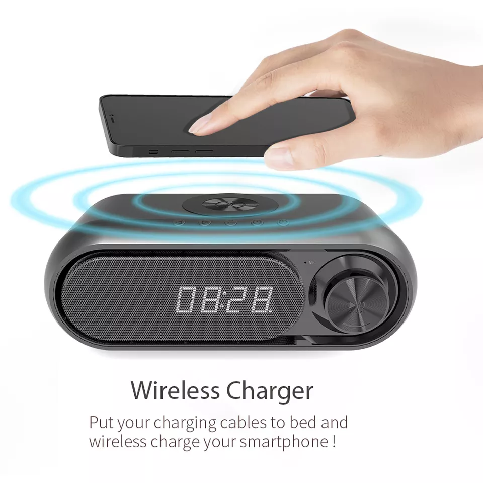 Parlante Radio con Carga Inalámbrica y Reloj LED