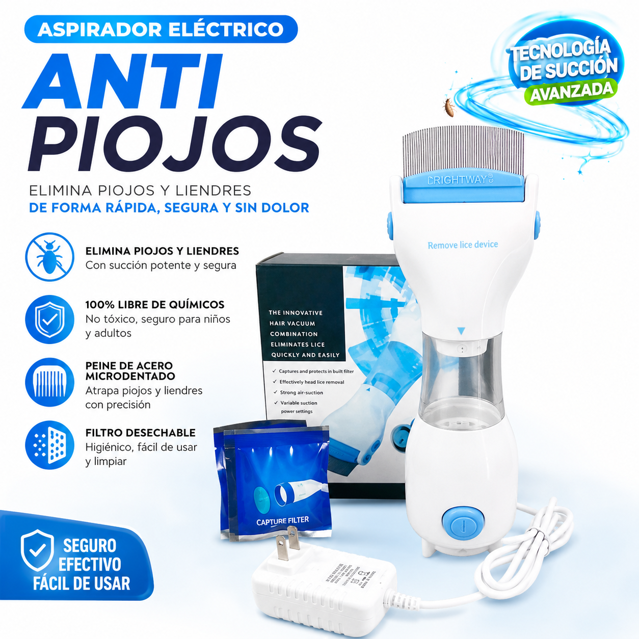Aspirador de Piojos Eléctrico Recargable con Peine