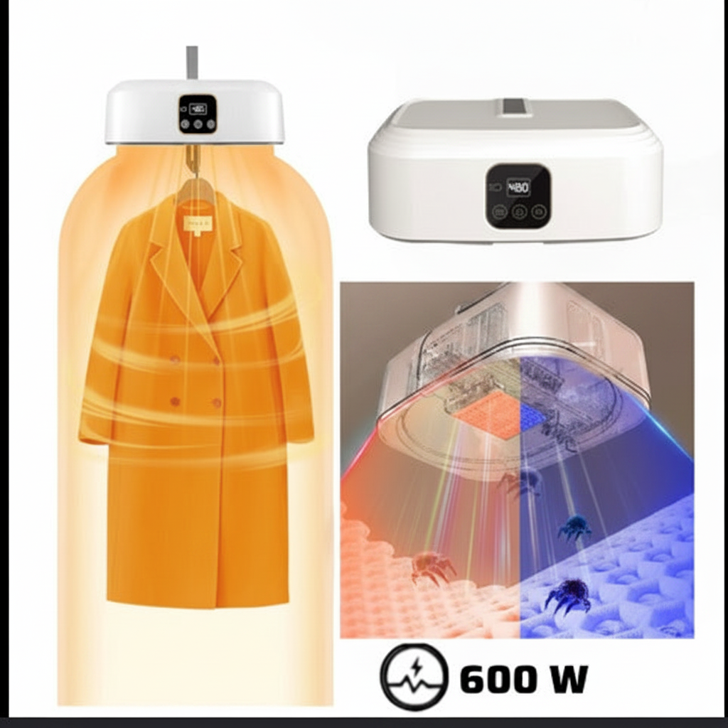 Secador de Ropa Portátil 600W secando prenda en fondo blanco