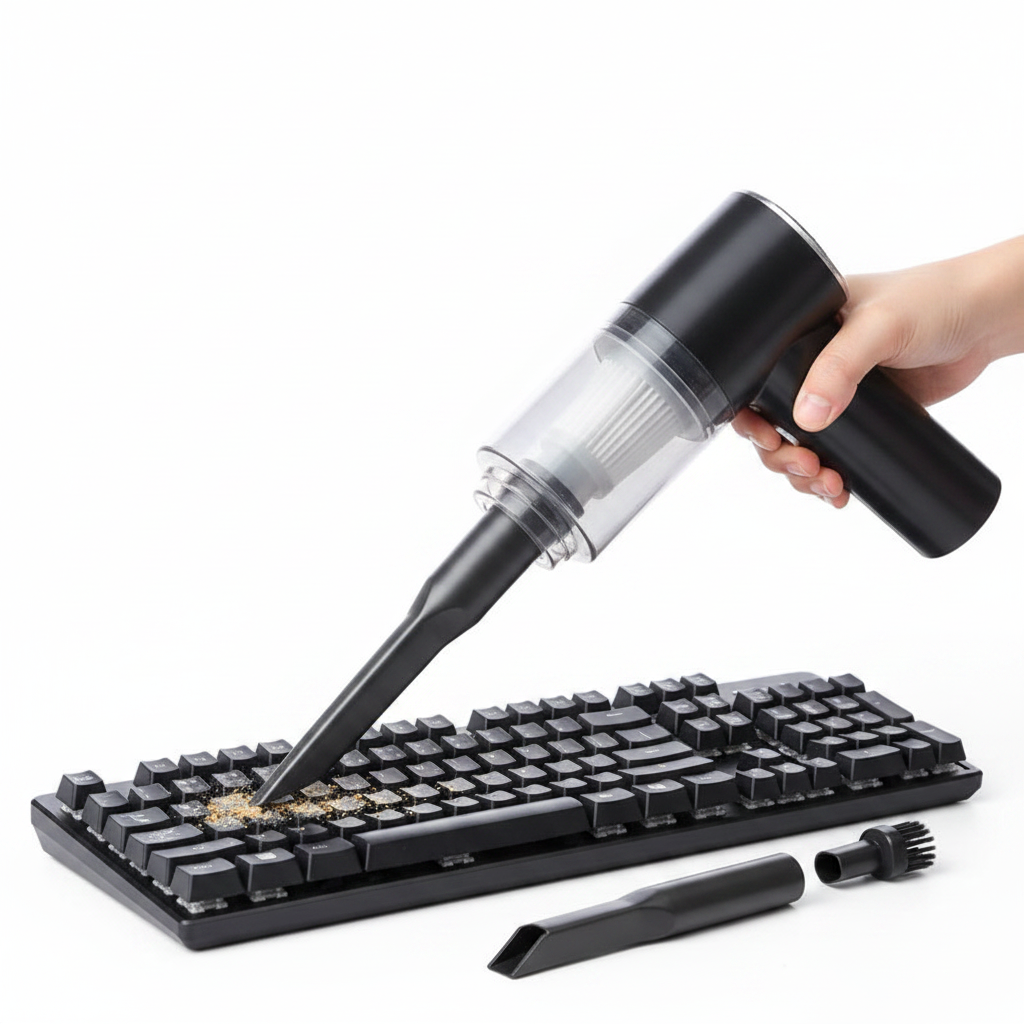 Mini aspiradora portátil 2 en 1 limpiando teclado en escritorio