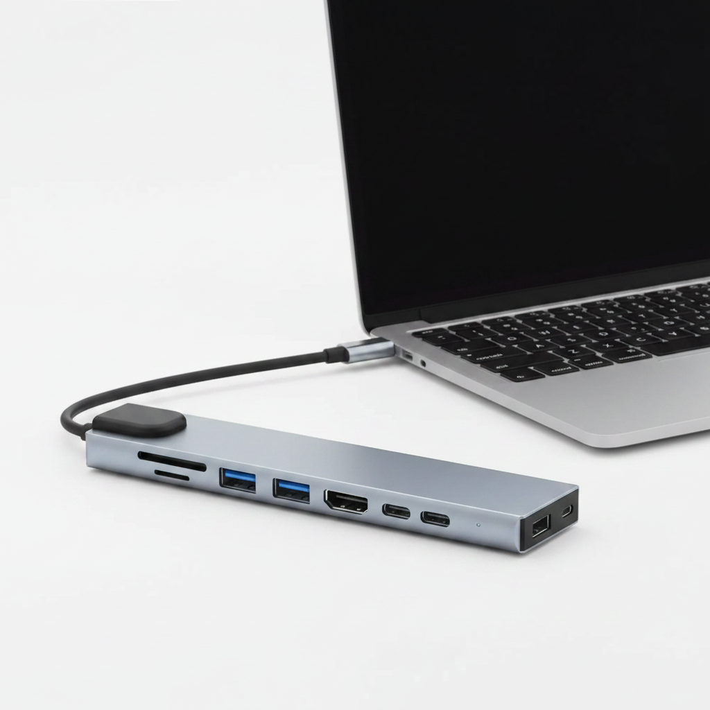 Hub USB-C 8 en 1 conectado a laptop en escritorio