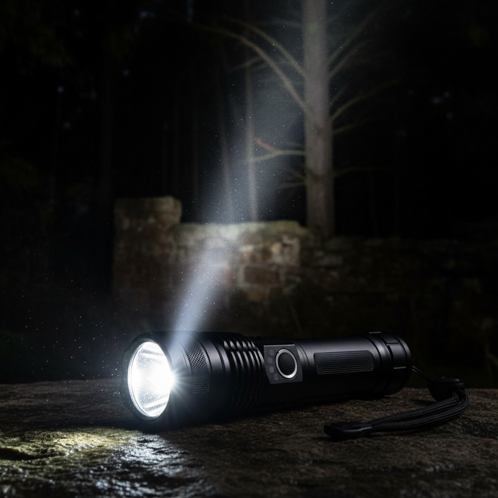 Linterna táctica LED XHP50 iluminando en la oscuridad